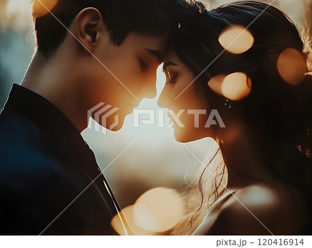 Couple Sharing Intimate Moment of Tender in Softly Blurred Setting 120416914
