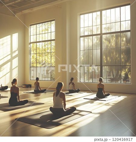 Serene Yoga Practice in Sunlit Studio Peaceful Expressions on Faces Serene Yoga Practice in Sunlit Studio Peaceful Expressions on Faces 120416917