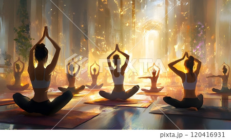 Diverse community of yogis in luminous studio practicing fluid Vinyasa sequence 120416931