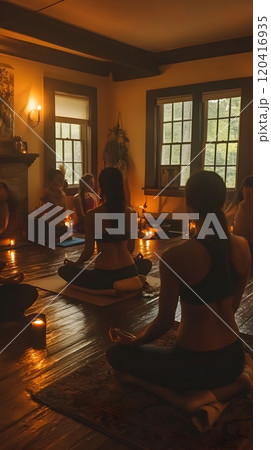 Harmonious Hatha Yoga Practice in Candlelit Zen Inspired Space 120416935