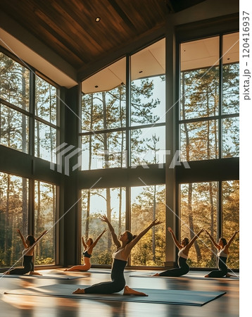 Elite Yoga Instructors Demonstrating Advanced Inversions and Arm Balances in Sleek Modern Studio 120416937