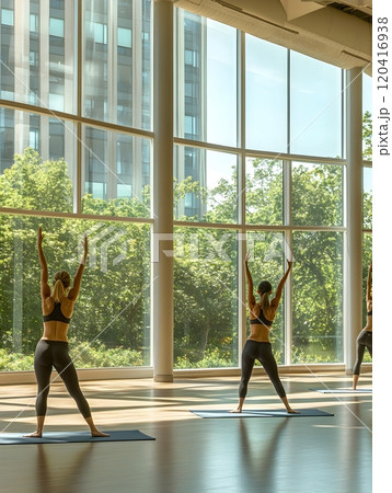 Elite Yoga Experts Performing Advanced Inversions and Arm Balances in Serene Modern Studio 120416938