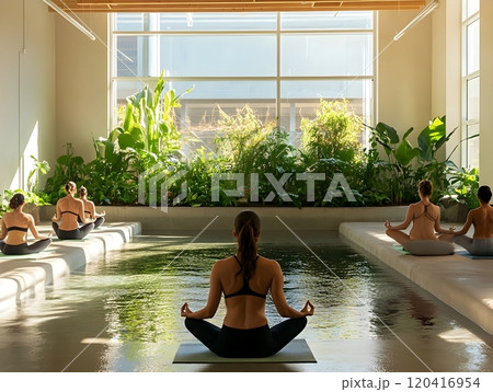 Yogis Embracing Nature Inspired Mindfulness and Wellness in Serene Studio Yogis Embracing Nature Inspired Mindfulness and Wellness in Serene Studio 120416954