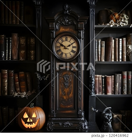 Moody Gothic Halloween Display with Antique Grandfather Clock and Leather Bound Books Moody Gothic Halloween Display with Antique Grandfather Clock and Leather Bound Books 120416962