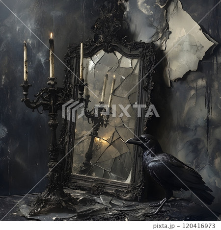Ominous Gothic Halloween Tableau with Wrought Iron Candelabra and Distorted Mirror Reflection Ominous Gothic Halloween Tableau with Wrought Iron Candelabra and Distorted Mirror Reflection 120416973