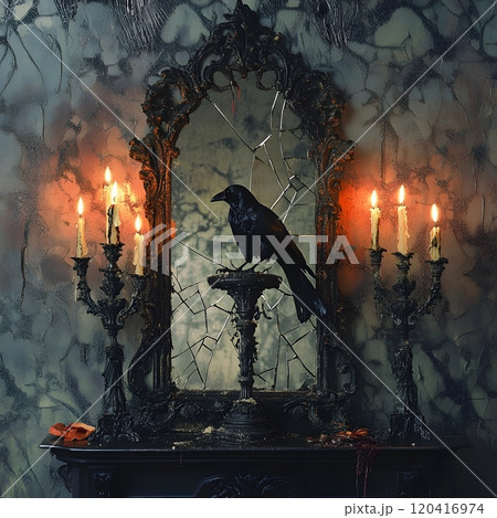 Foreboding Gothic Halloween Tableau with Eerie Wrought Iron Candelabra and Distorted Raven 120416974