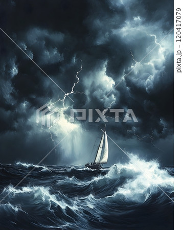 Colossal Storm Brewing Over Expansive Open Sea Sailboat Tossed Amidst Raging Thunderous Waves and 120417079