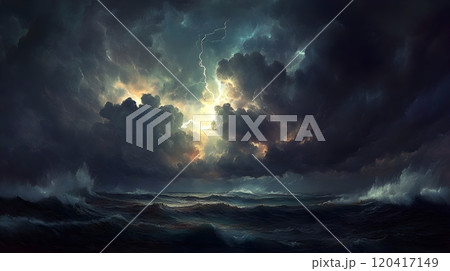 Dramatic Thunderstorm Over Turbulent Ocean in Chiaroscuro Oil Painting Style 120417149