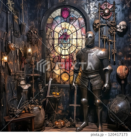 Eerie Gothic Halloween Tableau with Stained Glass Window Antique Suit of Armor and Medical 120417173