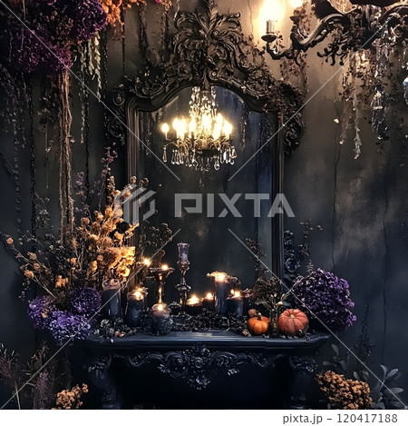 Darkly Enchanting Gothic Halloween Mirror Display with Dried Flowers and Glowing Chandelier Darkly Enchanting Gothic Halloween Mirror Display with Dried Flowers and Glowing Chandelier 120417188