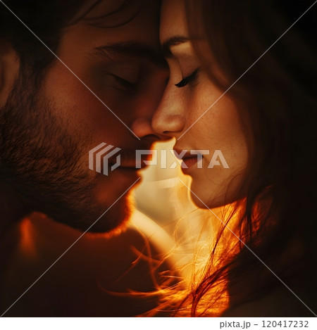 Intimate Embrace of Loving Couple in Soft Warm Lighting Against Blurred Romantic Background 120417232