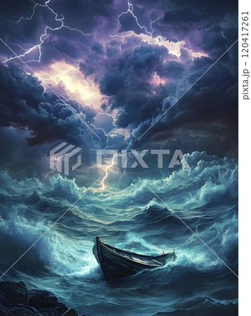 Dramatic Seascape with Stormy Skies Turbulent Waves and Tossed Fishing Boat 120417261