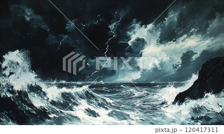 Tempestuous Ocean Seascape with Dramatic Storm Clouds and Flashing Lightning 120417311