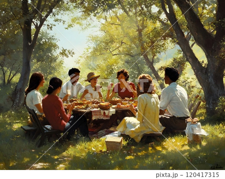 Cheerful Multicultural Friends Sharing Picnic Feast in Idyllic Park Setting 120417315