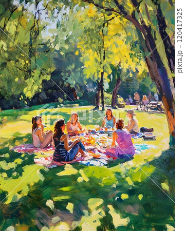 Joyful Gathering of Friends Relishing a Picnic in a Verdant Park with Impressionist Inspired 120417325
