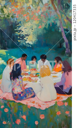 Joyful Alfresco Picnic Gathering of Diverse Friends in Lush Flower Filled Park 120417335