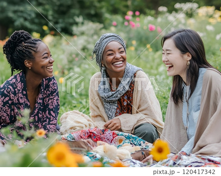 Joyful friends of diverse ages enjoying a picturesque park picnic in a serene and vibrant setting 120417342