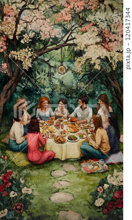Joyful Friends Indulging in an Elaborate Picnic in a Lush Flowering Park Setting 120417344