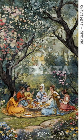 Joyful Picnic Gathering in a Lush Blooming Park with Friends 120417345