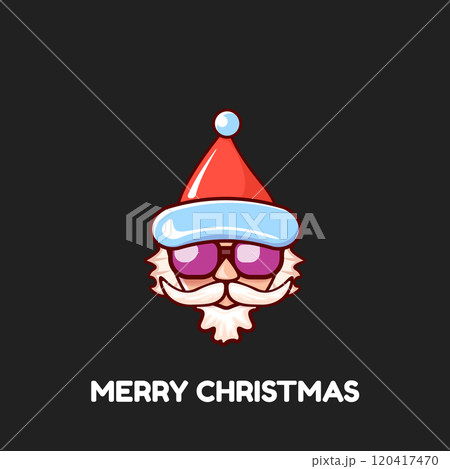 Santa Claus head with Santa red hat and hipster sunglasses isolated on grey Christmas background. Santa Claus label or sticker design. Merry Christmas greeting card template Santa Claus head with Santa red hat and hipster sunglasses isolated on grey Christmas background. Santa Claus label or sticker design. Merry Christmas greeting card template 120417470