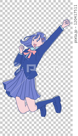 ジャンプして喜ぶアニメ調の女子学生 120417511