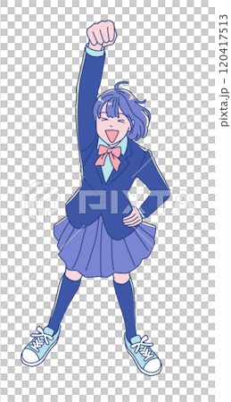 Anime-style female student jumping with joy Anime-style female student jumping with joy 120417513