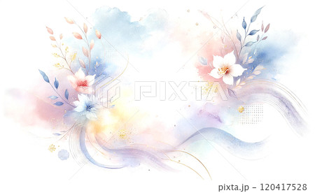 パステルカラーの水彩風雪の結晶と植物が描かれた冬の背景素材 パステルカラーの水彩風雪の結晶と植物が描かれた冬の背景素材 120417528