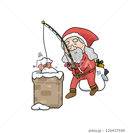 クリスマスプレゼントを釣竿で届けるサンタクロース【背景なし】 120417594