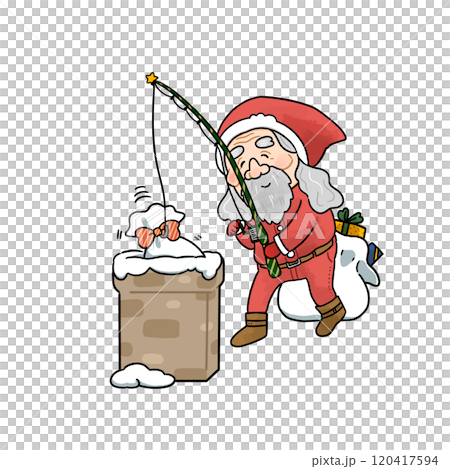 クリスマスプレゼントを釣竿で届けるサンタクロース【背景なし】 120417594