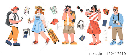 A group of young tourists with cameras, backpacks, and travel gear enjoying city exploration A group of young tourists with cameras, backpacks, and travel gear enjoying city exploration 120417610