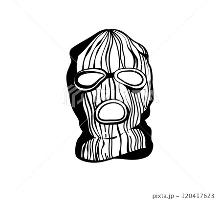 Isolated black and white illustration of a balaclava with bold lines and a rough texture 120417623