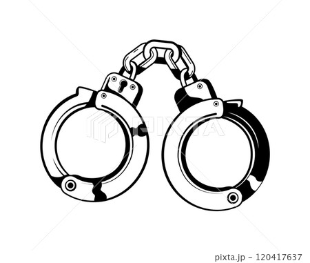 Isolated black and white illustration of handcuffs, symbolizing crime, police, and criminal justice Isolated black and white illustration of handcuffs, symbolizing crime, police, and criminal justice 120417637