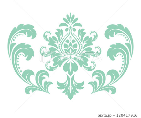Damask graphic ornament. Floral design element. Green and white vector pattern 120417916