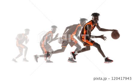 Basketball player in orange uniform performing dynamic dribble, captured in series of motion overlays. Highlights agility and strategy. 120417943