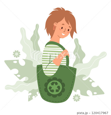 Cute fair-skinned girl holding reusable shopping bag promoting environmental awareness and sustainable lifestyle. Concept eco-conscious choices and responsibility. Vector illustration 120417967