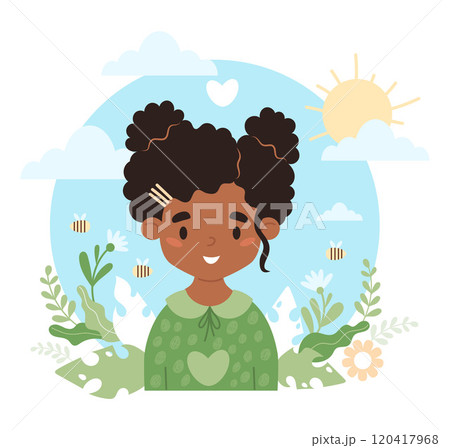Mental health of child. Cute happy african american girl with curly hair in dress, nature, weather and ecology. Concept beneficial effects of environment. Vector illustration 120417968