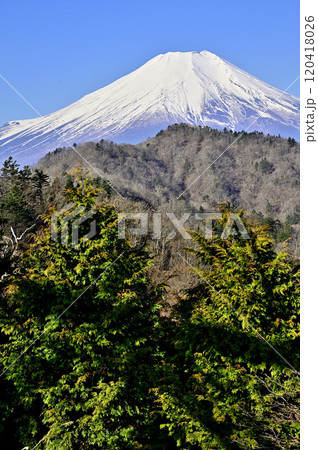 道志山塊の奥ノ岳　送電鉄塔からの富士山の展望 120418026