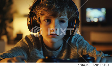 ゲームに集中する少年 120418103