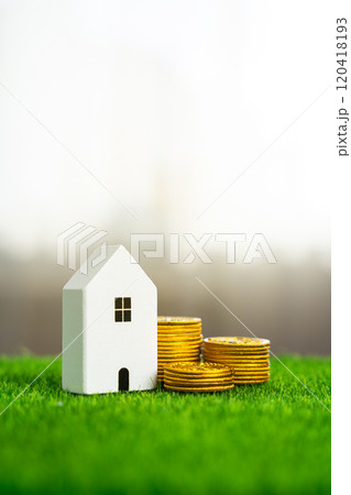 House figurine and money coins. Concept of saving money to pay bills and maintain a home. Buying or renting. Mortgage loans. 120418193