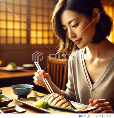 ぶりを食べる女性 120418202