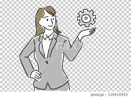 穿著西裝和齒輪的女人的粗手繪線圖 120418303