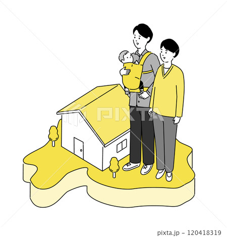山梨県の地図と若い家族・家のイラスト、ベクター	 120418319