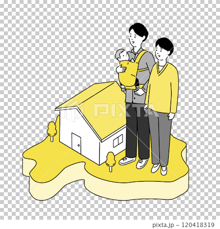 山梨県の地図と若い家族・家のイラスト、ベクター	 120418319