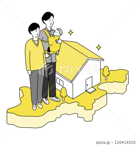 長野県の地図と若い家族・家のイラスト、ベクター 120418320