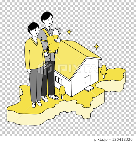 長野県の地図と若い家族・家のイラスト、ベクター 120418320
