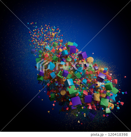 Dynamic Geometry: A Colorful Burst of Shapes Against a Deep Blue Canvas Dynamic Geometry: A Colorful Burst of Shapes Against a Deep Blue Canvas 120418398