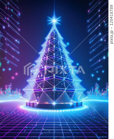 未来的なグリッド背景にネオンのクリスマスツリーと輝く光 (クリスマス, 未来, ネオン) 120418789