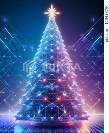 抽象的なグリッド背景に輝く光とデジタルクリスマスツリー (クリスマス, デジタル, 未来) 120418790