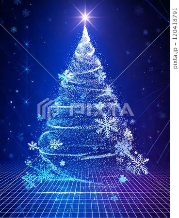 青いグリッド背景に雪の結晶と輝く抽象的なクリスマスツリー (クリスマス, 冬, キラキラ) 120418791