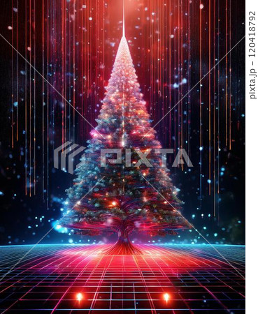 ネオングリッドに輝く光と光の粒子が舞う未来的なクリスマスツリー (クリスマス, 未来, テクノロジー 120418792